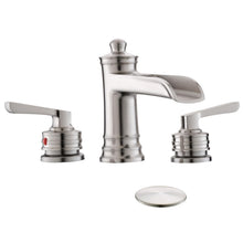 Load image into Gallery viewer, Fapully Brushed Nickel Bathroom Sink Faucet, Waterfall Bathroom Faucets 3 Hole, 8 Inch Widespread Bathroom Faucet with Pop-up Drain, 2-Handle Faucet for Bathroom Sink Vanity RV