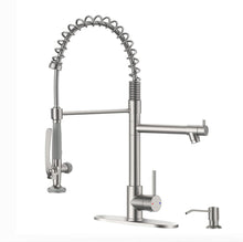 Load image into Gallery viewer, Fapully Commercial Pull Down Kitchen Sink Faucet with Sprayer Brushed Nickel Single Handle Faucets for Kitchen Sink, Kitchen Faucet with Soap Dispenser and Deck Plack for 4 Hole