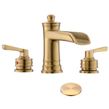 Load image into Gallery viewer, Fapully Brushed Gold Bathroom Sink Faucet, Waterfall Bathroom Faucets 3 Hole, 8 Inch Widespread Bathroom Faucet with Pop-up Drain, 2-Handle Faucet for Bathroom Sink Vanity RV