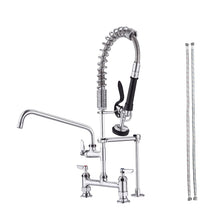 Load image into Gallery viewer, Fapully Commercial Kitchen Faucet,Deck Mount Kitchen Sink Faucet with Pre-Rinse Pull Down Sprayer,26‘’ Height 8'' Center 3 Compartment Sink Faucets with 12.2'' Swing Spout Chrome