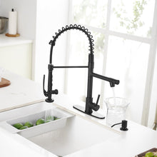 Load image into Gallery viewer, Fapully Commercial Pull Down Kitchen Sink Faucet with Sprayer Matte Black Single Handle Faucets for Kitchen Sink, Kitchen Faucet with Soap Dispenser and Deck Plack for 4 Hole