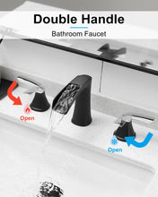 Load image into Gallery viewer, Fapully Bathroom Faucet 3 Hole, Waterfall 8 Inch Widespread Bathroom Sink Faucet with Pop-up Drain, Two-Handle Faucet for Bathroom Sink Matte Black&Chrome