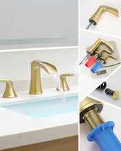 Load image into Gallery viewer, Fapully Bathroom Faucet 3 Hole, Polished Brushed Gold Waterfall 8 Inch Widespread Bathroom Sink Faucet with Pop-up Drain, Two-Handle Faucet for Bathroom Sink