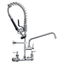 Load image into Gallery viewer, Fapully Commercial Kitchen Faucet,Wall Mount Kitchen Sink Faucet with Pre-Rinse Pull Down Sprayer,25‘’ Height 8'' Center 3 Compartment Sink Faucets with 12.2'' Swing Spout Chrome