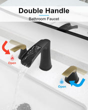 Load image into Gallery viewer, Fapully Bathroom Faucet 3 Hole, Waterfall 8 Inch Widespread Bathroom Sink Faucet with Pop-up Drain, Matte Black&Gold Two-Handle Faucets for Bathroom Sink
