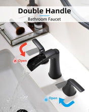 Load image into Gallery viewer, Fapully Black Bathroom Faucet 3 Hole, Waterfall 8 Inch Widespread Bathroom Sink Faucet with Pop-up Drain, Two-Handle Faucet for Bathroom Sink