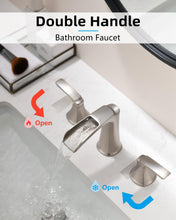 Load image into Gallery viewer, Fapully Brushed Nickel Bathroom Faucet 3 Hole, Waterfall 8 Inch Widespread Bathroom Sink Faucet with Pop-up Drain, Two-Handle Faucet for Bathroom Sink