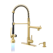 Load image into Gallery viewer, Fapully Commercial Kitchen Faucets with Pull Down Sprayer Brushed Gold LED Single Handle Faucet for Kitchen Sink, Kitchen Faucet with Soap Dispenser and Deck Plack for 4 Hole