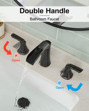 Load image into Gallery viewer, Fapully Oil Rubbed Bronze Bathroom Faucet 3 Hole, Waterfall 8 Inch Two-Handle Widespread Bathroom Sink Faucet with Pop-up Drain