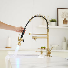 Load image into Gallery viewer, Fapully Commercial Kitchen Faucets with Pull Down Sprayer Brushed Gold LED Single Handle Faucet for Kitchen Sink, Kitchen Faucet with Soap Dispenser and Deck Plack for 4 Hole