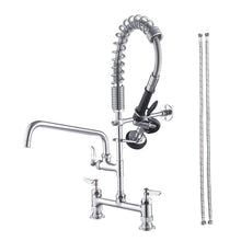 Load image into Gallery viewer, Fapully Commercial Kitchen Faucet,Deck Mount Kitchen Sink Faucet with Pre-Rinse Pull Down Sprayer,26‘’ Height 8'' Center 3 Compartment Sink Faucets with 12.2'' Swing Spout Chrome