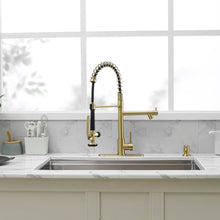Load image into Gallery viewer, Fapully Commercial Kitchen Sink Faucet with Pull Down Sprayer Brushed Gold Single Handle Faucets for Kitchen Sink, Kitchen Faucet with Soap Dispenser and Deck Plack for 4 Hole