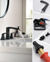 Load image into Gallery viewer, Fapully Black Bathroom Faucet 3 Hole, Waterfall 8 Inch Widespread Bathroom Sink Faucet with Pop-up Drain, Two-Handle Faucet for Bathroom Sink