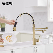 Load image into Gallery viewer, Brushed Gold Kitchen Faucet with Pull Down Sprayer, Single Handle Commercial Brass Kitchen Sink Faucets with 3 Way Drinking Kitchen Faucet, for Water Filtration System or Pot Filler Faucet in Gold