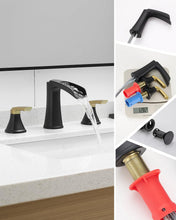 Load image into Gallery viewer, Fapully Bathroom Faucet 3 Hole, Waterfall 8 Inch Widespread Bathroom Sink Faucet with Pop-up Drain, Matte Black&Gold Two-Handle Faucets for Bathroom Sink