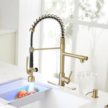 Load image into Gallery viewer, Fapully Commercial Kitchen Faucets with Pull Down Sprayer Brushed Gold LED Single Handle Faucet for Kitchen Sink, Kitchen Faucet with Soap Dispenser and Deck Plack for 4 Hole