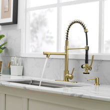 Load image into Gallery viewer, Fapully Commercial Kitchen Sink Faucet with Pull Down Sprayer Brushed Gold Single Handle Faucets for Kitchen Sink, Kitchen Faucet with Soap Dispenser and Deck Plack for 4 Hole