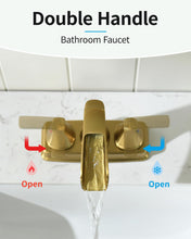 Load image into Gallery viewer, Fapully Bathroom Faucet, Waterfall Bathroom Sink Faucet Widespread, 4 Inch Centerset Brushed Gold Faucet for Bathroom Sink with Pop-up Drain