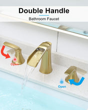 Load image into Gallery viewer, Fapully Bathroom Faucet 3 Hole, Polished Brushed Gold Waterfall 8 Inch Widespread Bathroom Sink Faucet with Pop-up Drain, Two-Handle Faucet for Bathroom Sink