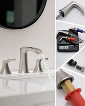 Load image into Gallery viewer, Fapully Brushed Nickel Bathroom Faucet 3 Hole, Waterfall 8 Inch Widespread Bathroom Sink Faucet with Pop-up Drain, Two-Handle Faucet for Bathroom Sink