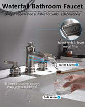 Load image into Gallery viewer, Fapully Brushed Nickel Bathroom Sink Faucet, Waterfall Bathroom Faucets 3 Hole, 8 Inch Widespread Bathroom Faucet with Pop-up Drain, 2-Handle Faucet for Bathroom Sink Vanity RV