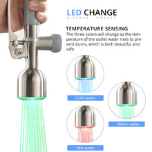 Load image into Gallery viewer, Fapully Commercial Kitchen Faucets with Pull Down Sprayer Brushed Nickel LED Single Handle Faucet for Kitchen Sink, Kitchen Faucet with Soap Dispenser and Deck Plack for 4 Hole