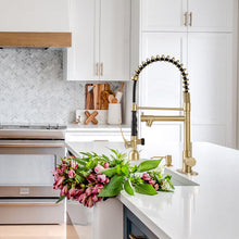 Load image into Gallery viewer, Fapully Commercial Kitchen Faucets with Pull Down Sprayer Brushed Gold LED Single Handle Faucet for Kitchen Sink, Kitchen Faucet with Soap Dispenser and Deck Plack for 4 Hole