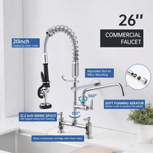 Load image into Gallery viewer, Fapully Commercial Kitchen Faucet,Deck Mount Kitchen Sink Faucet with Pre-Rinse Pull Down Sprayer,26‘’ Height 8'' Center 3 Compartment Sink Faucets with 12.2'' Swing Spout Chrome