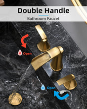 Load image into Gallery viewer, Fapully Brushed Gold Bathroom Faucet 3 Hole, Waterfall 8 Inch Widespread Bathroom Sink Faucet with Pop-up Drain, Two-Handle Faucet for Bathroom Sink
