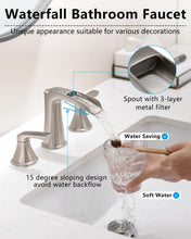 Load image into Gallery viewer, Fapully Brushed Nickel Bathroom Faucet 3 Hole, Waterfall 8 Inch Widespread Bathroom Sink Faucet with Pop-up Drain, Two-Handle Faucet for Bathroom Sink