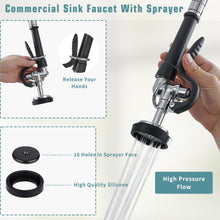 Load image into Gallery viewer, Fapully Commercial Kitchen Faucet,Wall Mount Kitchen Sink Faucet with Pre-Rinse Pull Down Sprayer,25‘’ Height 8'' Center 3 Compartment Sink Faucets with 12.2'' Swing Spout Chrome