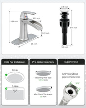 Load image into Gallery viewer, Fapully Bathroom Faucets Brushed Nickel, Modern Waterfall Bathroom Sink Faucet with Single Handle for 1 or 3 Holes, Vanity Faucet with Deck Plate and Drain