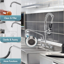 Load image into Gallery viewer, Fapully Kitchen Faucet with Pull Down Sprayer, Commercial Wall Mount Kitchen Sink Faucet with Pre-Rinse Sprayer, Chrome 8 Inch Center 25‘’ Height Commercial Sink Faucets with 12'' Swing Spout
