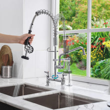 Load image into Gallery viewer, Fapully Commercial Kitchen Faucet,Deck Mount Kitchen Sink Faucet with Pre-Rinse Pull Down Sprayer,26‘’ Height 8'' Center 3 Compartment Sink Faucets with 12.2'' Swing Spout Chrome