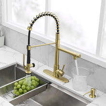 Load image into Gallery viewer, Fapully Commercial Kitchen Sink Faucet with Pull Down Sprayer Brushed Gold Single Handle Faucets for Kitchen Sink, Kitchen Faucet with Soap Dispenser and Deck Plack for 4 Hole