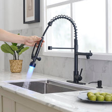 Load image into Gallery viewer, Fapully Commercial Kitchen Faucets with Pull Down Sprayer Matte Black LED Single Handle Faucet for Kitchen Sink, Kitchen Faucet with Soap Dispenser and Deck Plack for 4 Hole