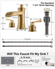 Load image into Gallery viewer, Fapully Brushed Gold Bathroom Sink Faucet, Waterfall Bathroom Faucets 3 Hole, 8 Inch Widespread Bathroom Faucet with Pop-up Drain, 2-Handle Faucet for Bathroom Sink Vanity RV