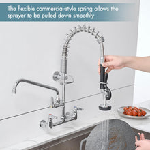 Load image into Gallery viewer, Fapully Kitchen Faucet with Pull Down Sprayer, Commercial Wall Mount Kitchen Sink Faucet with Pre-Rinse Sprayer, Chrome 8 Inch Center 25‘’ Height Commercial Sink Faucets with 12'' Swing Spout