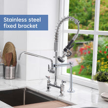 Load image into Gallery viewer, Fapully Commercial Kitchen Faucet,Deck Mount Kitchen Sink Faucet with Pre-Rinse Pull Down Sprayer,26‘’ Height 8'' Center 3 Compartment Sink Faucets with 12.2'' Swing Spout Chrome