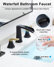 Load image into Gallery viewer, Fapully Bathroom Faucet 3 Hole, Waterfall 8 Inch Widespread Bathroom Sink Faucet with Pop-up Drain, Matte Black&Gold Two-Handle Faucets for Bathroom Sink