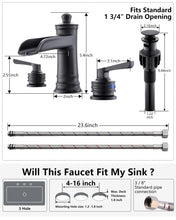 Load image into Gallery viewer, Fapully Matte Black Bathroom Sink Faucet, Waterfall Bathroom Faucets 3 Hole, 8 Inch Widespread Bathroom Faucet with Pop-up Drain, 2-Handle Faucet for Bathroom Sink Vanity RV