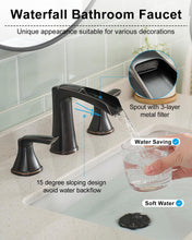Load image into Gallery viewer, Fapully Oil Rubbed Bronze Bathroom Faucet 3 Hole, Waterfall 8 Inch Two-Handle Widespread Bathroom Sink Faucet with Pop-up Drain