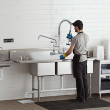 Load image into Gallery viewer, Fapully Commercial Kitchen Faucet,Wall Mount Kitchen Sink Faucet with Pre-Rinse Pull Down Sprayer,25‘’ Height 8'' Center 3 Compartment Sink Faucets with 12.2'' Swing Spout Chrome
