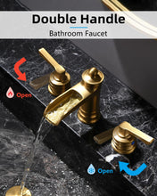 Load image into Gallery viewer, Fapully Brushed Gold Bathroom Sink Faucet, Waterfall Bathroom Faucets 3 Hole, 8 Inch Widespread Bathroom Faucet with Pop-up Drain, 2-Handle Faucet for Bathroom Sink Vanity RV