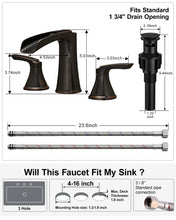 Load image into Gallery viewer, Fapully Oil Rubbed Bronze Bathroom Faucet 3 Hole, Waterfall 8 Inch Two-Handle Widespread Bathroom Sink Faucet with Pop-up Drain