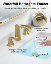 Load image into Gallery viewer, Fapully Bathroom Faucet 3 Hole, Polished Brushed Gold Waterfall 8 Inch Widespread Bathroom Sink Faucet with Pop-up Drain, Two-Handle Faucet for Bathroom Sink