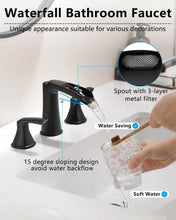 Load image into Gallery viewer, Fapully Black Bathroom Faucet 3 Hole, Waterfall 8 Inch Widespread Bathroom Sink Faucet with Pop-up Drain, Two-Handle Faucet for Bathroom Sink