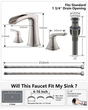 Load image into Gallery viewer, Fapully Brushed Nickel Bathroom Faucet 3 Hole, Waterfall 8 Inch Widespread Bathroom Sink Faucet with Pop-up Drain, Two-Handle Faucet for Bathroom Sink