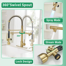 Load image into Gallery viewer, Fapully Commercial Kitchen Faucets with Pull Down Sprayer Brushed Gold LED Single Handle Faucet for Kitchen Sink, Kitchen Faucet with Soap Dispenser and Deck Plack for 4 Hole