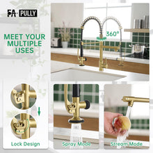 Load image into Gallery viewer, Brushed Gold Kitchen Faucet with Pull Down Sprayer, Commercial Brass Kitchen Faucet Single Handle Spring Faucets for Kitchen Sink Fapully